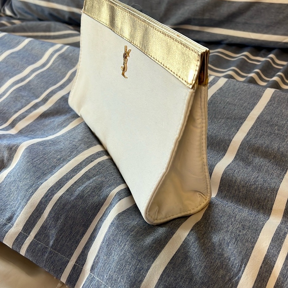 Yves Saint Laurent White Satin Clutch with Gold Accent - Picture 2 of 10